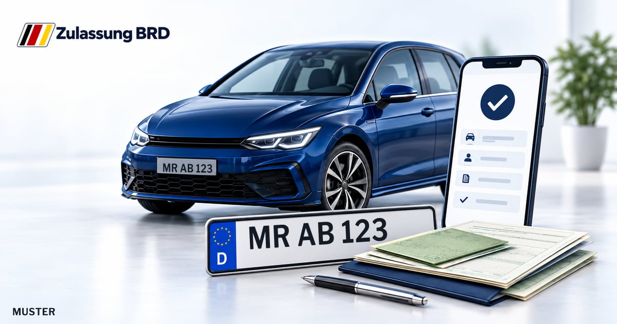 Online Fahrzeugzulassung in Cölbe: Musterkennzeichen MR AB 123, Auto und Fahrzeugpapiere und Smartphone. Illustration mit Logo von Zulassung BRD.